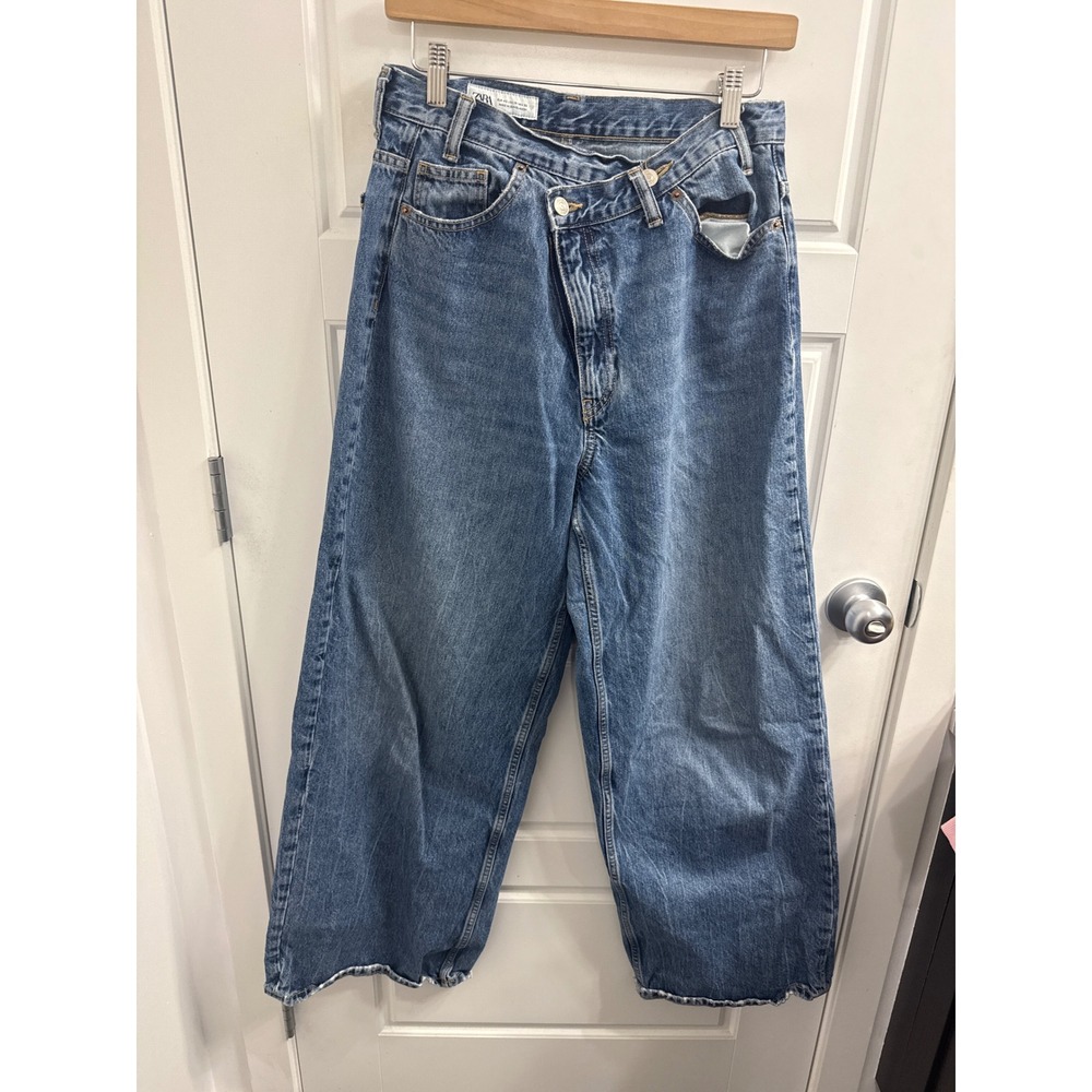 Zara Asymmetric Waist Wide Leg Jeans Blue Crossover Baggy Denim Womens 10
